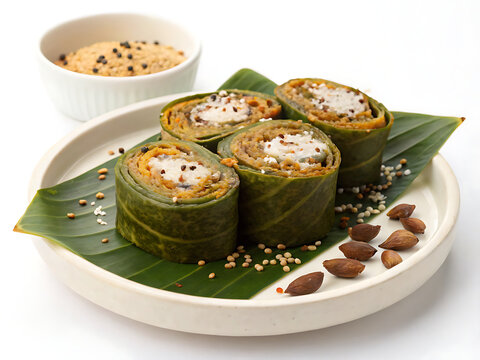 Traditional Indian Patra, colocasia leaves rolled with spiced gram-flour paste, steamed and sliced, topped with coconut and sesame