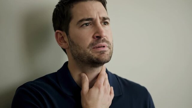 The man frowned and looked pained, and his throat was uncomfortable