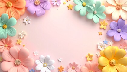 Obraz premium Cheerful pastel 3D background with rounded flowers and tiny stars in peach, mint and lavender, floral frame with copy space