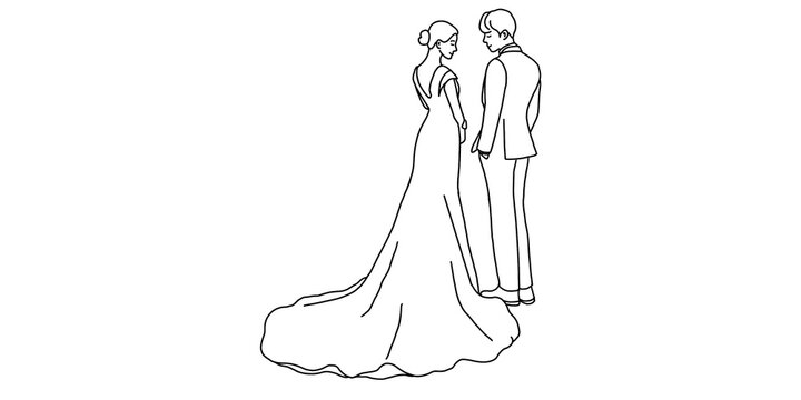 Minimalist continuous line drawing of wedding couple, elegant bride and groom sketch, romantic marriage ceremony illustration