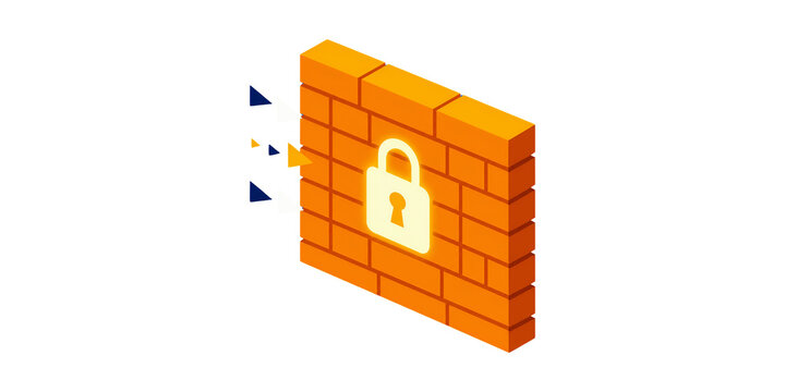 Isometric firewall icon with padlock, orange brick wall security concept, digital network protection and cyber safety illustration