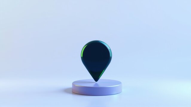 Minimalist map marker sits atop circular base. Glossy finish, blue hues dominate scene. Simple studio lighting creates soft shadows.