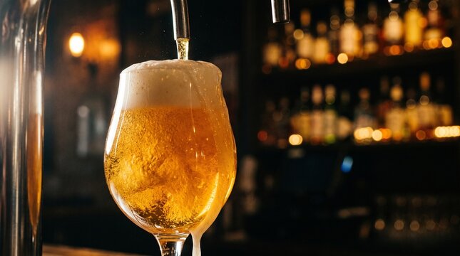 Golden craft beer being poured into glass with foam, dramatic bar lighting beverage photography with bokeh background and copy space.