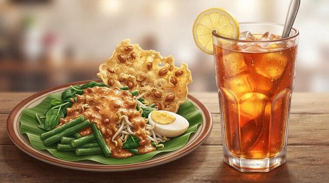 Indonesian traditional pecel salad rice served with peanut sauce, crunchy cracker, and iced tea.