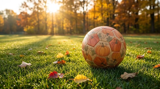 Autumn Soccer Ball With Pumpkin Pattern on Grass