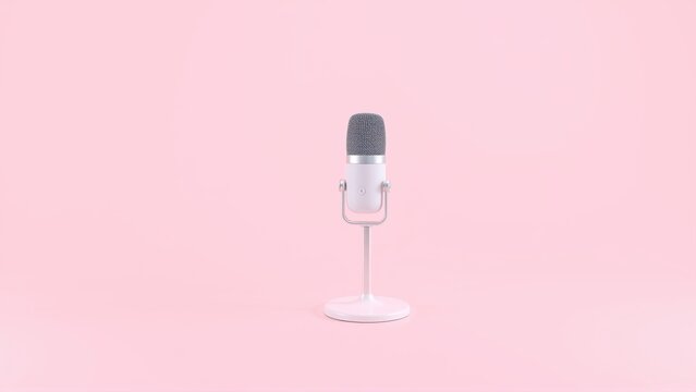 Vintage microphone stands on pink backdrop. Minimalist studio setup, simple design, clean aesthetic. Focus is solely on recording device.