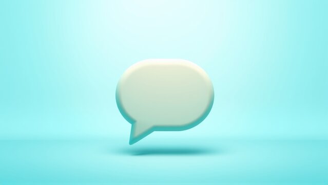 Beige speech bubble floats above cyan surface. Minimalist rendering, soft lighting creates subtle shadow. Clean design, simple composition.