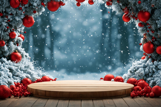 Winter scene with red ornaments and wooden stage surrounded by snow and trees in a forest setting