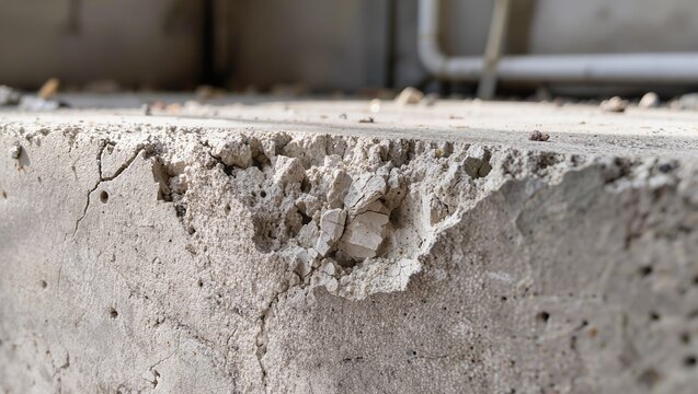 Concrete damage, a close-up of a cracked and crumbling concrete foundation edge with spalling and structural wear, highlighting building defects, construction repair, and foundation issues