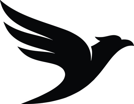 Bird silhouette vector illustration of a flying eagle or hawk with stylized wings in flight, isolated black graphic symbol icon for creative design projects