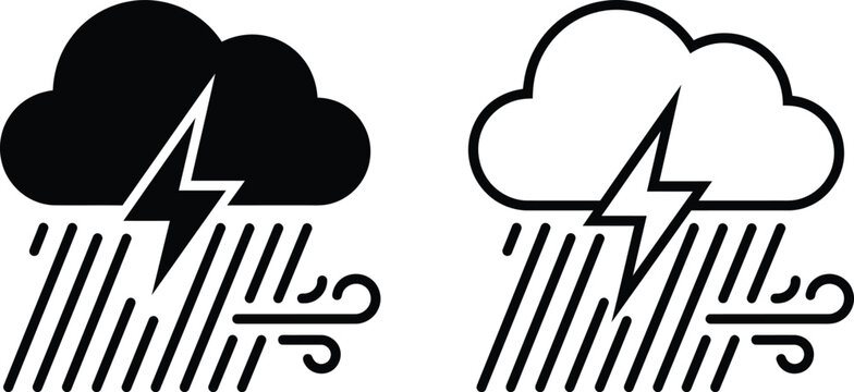 Storm weather icon set with lightning and rain. Thunderstorm cloud vector symbols. Minimalist heavy rain and wind graphics.