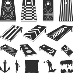 Fototapeta premium Cornhole Boards Set Silhouette, Cornhole board Playing Elements svg, Backyard game silhouette, cornhole boards Logo Collection Vector Illustration