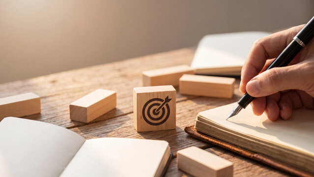 Hand holding a pen while writing in a notebook near wooden blocks with target symbols.