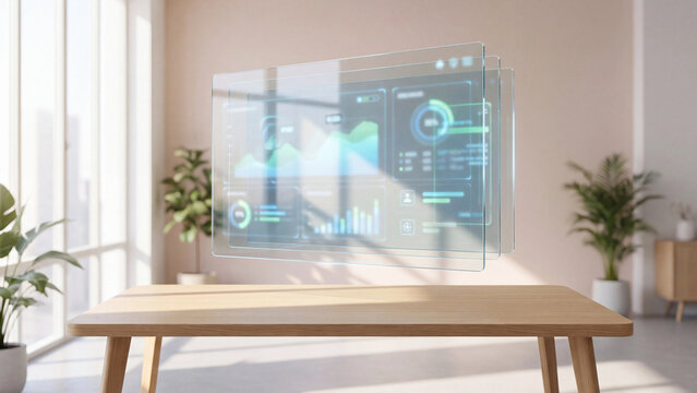 Transparent screen displaying business analytics floating above a wooden table in an office room.