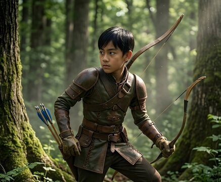 A dynamic closeup portrait of a young asian boy dressed in detailed medieval ranger leather armor, holding a recurve bow and a blue-fletched arrow, looking alertly into a lush, mossy, sunlit forest. 