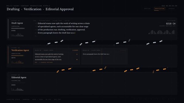 Cinematic dark editorial workspace showcasing AI content production agents coordinating drafting, verification, and editorial approval with animated data flow and progress indicators.