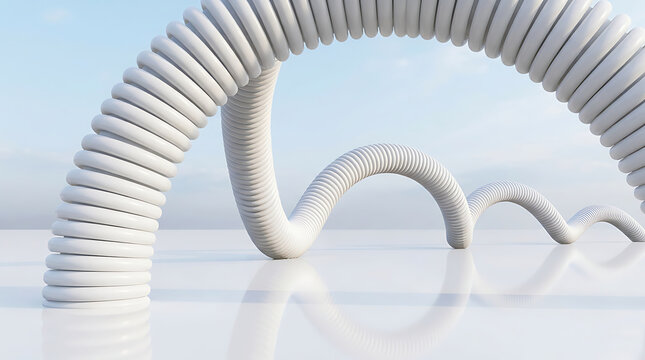 Close-up perspective of a large white coiled cable arching over smaller curving spiral structures with white arch spiral structure curved tube