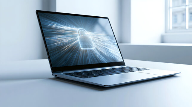 A laptop computer sits on a white desk displaying a glowing digital security padlock icon with data protection cybersecurity