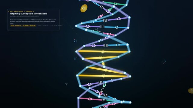Animation of CRISPR Cas9 gene editing on a Triticum aestivum allele, inserting drought-resilient genes and showing phenotypic cellular restoration with systemic stalk erection in a hot climate