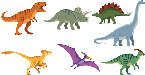 Realistic Dinosaur Cartoon Set with Trex, Triceratops, Stegosaurus, Brachiosaurus, Velociraptor, and Pterodactyl Illustrations © Mustak