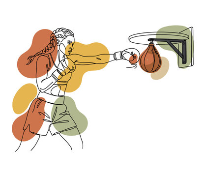 Woman boxing vector illustration, female boxer punching speed bag with abstract shapes