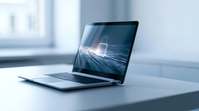 A laptop computer displaying a glowing digital padlock icon on the screen on a table with trails screen with representing data security