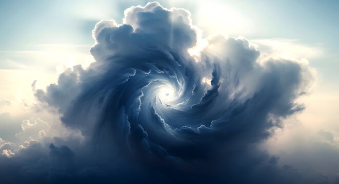Dramatic swirling cloud vortex forming a spiral shape in a dark storm sky