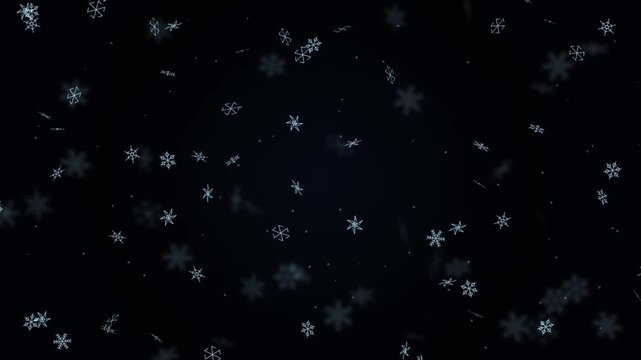 Stylized winter snowflakes falling through dark night sky for holiday celebration background video loop.
