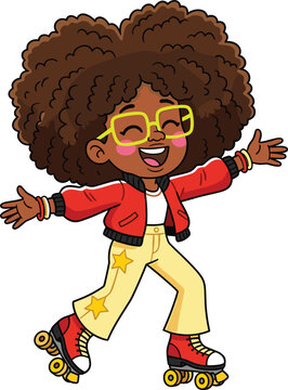Happy young afro girl roller skating in retro jacket with yellow glasses cartoon vector illustration (15 words)