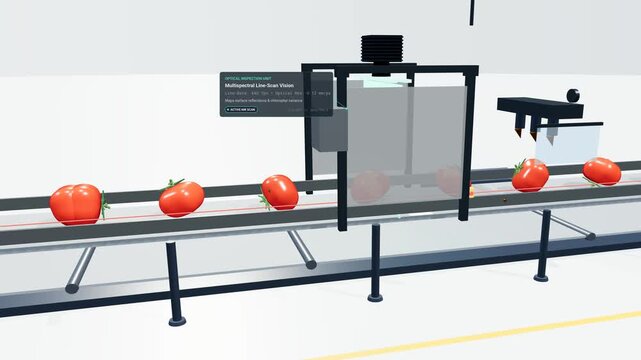 3D animation of an optical harvest sorting machine using multispectral line scan vision and pneumatic nozzles to automatically detect and separate defective Solanum lycopersicum tomatoes