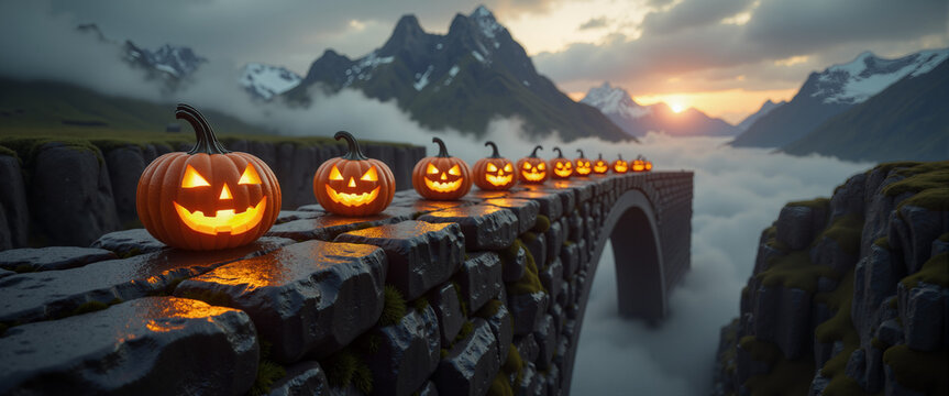 Glowing pumpkins on narrow stone bridge over bottomless chasm for Halloween fantasy landscapes, adventure game backgrounds, website headers, and digital art prints