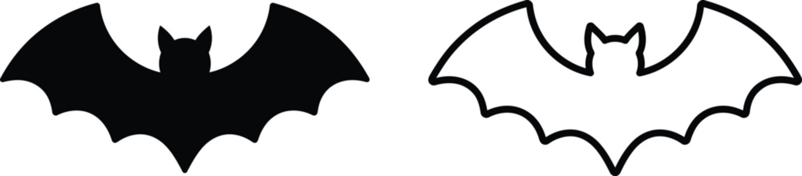 Halloween bat silhouette icons, black flying bat vector set, spooky animal outline and solid shapes for holiday decor