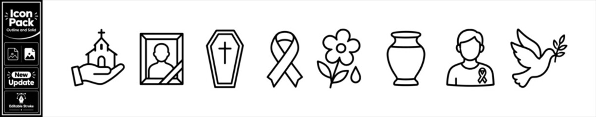 Fototapeta premium Outline funeral and remembrance vector icon pack for memorial services and grief support designs. Minimalist update icon pack