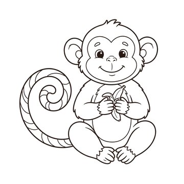 Cute monkey holding a banana line art illustration for kids coloring book page design.
