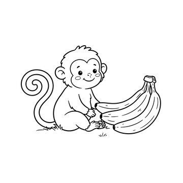 Cute cartoon monkey holding ripe banana while sitting on white background