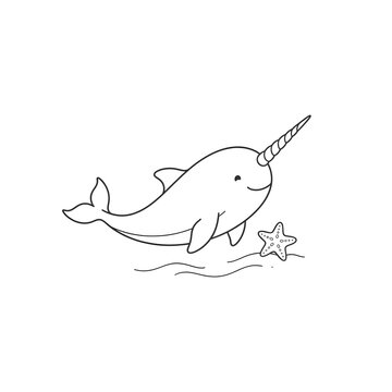 Cute narwhal swimming with a starfish, simple line art illustration for children.