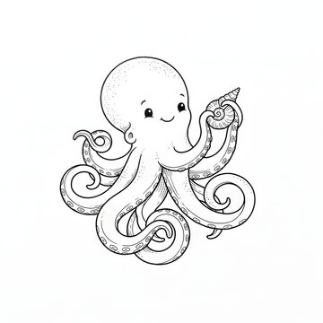 Cute cartoon octopus holding a seashell line art drawing for kids coloring page