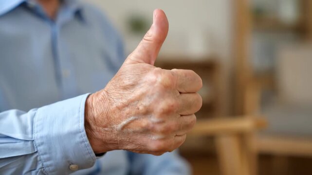 Close-up of an old man giving a thumbs up, a thumbs up and a thumbs up from an old man