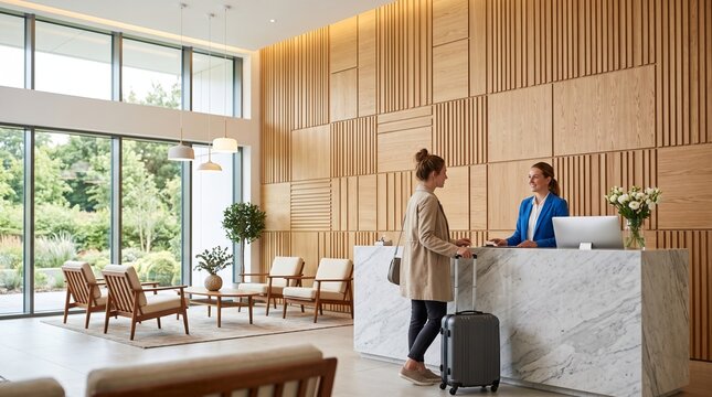 Guest checking in at a modern hotel reception desk with a professional concierge.
