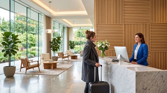 Guest checking in at modern hotel reception desk with luggage in luxury lobby interior