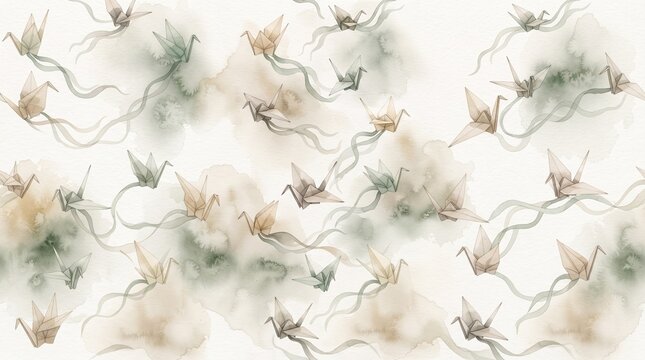 Watercolor water art Origami cranes flying over abstract beige green with seamless