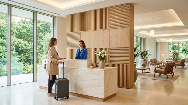 Guest checking in at modern luxury hotel reception desk with luggage