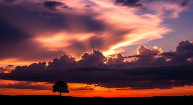 Silhouette of single deciduous tree stands on hill under dramatic orange sunset sky