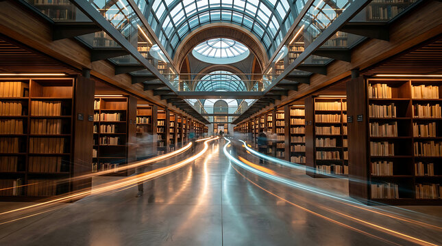 Light streaks moving through central corridor of historic ornate library building with interior