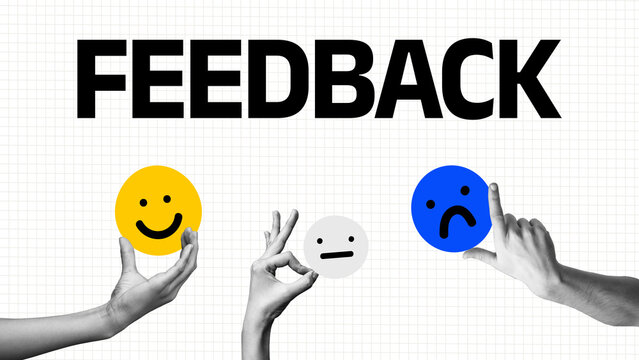 Hands holding faces representing feedback in a creative design