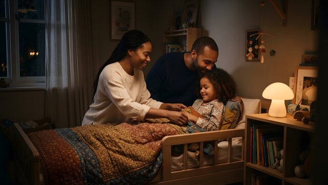 Loving parents tucking their daughter into bed at night with a mushroom lamp glowing nearby