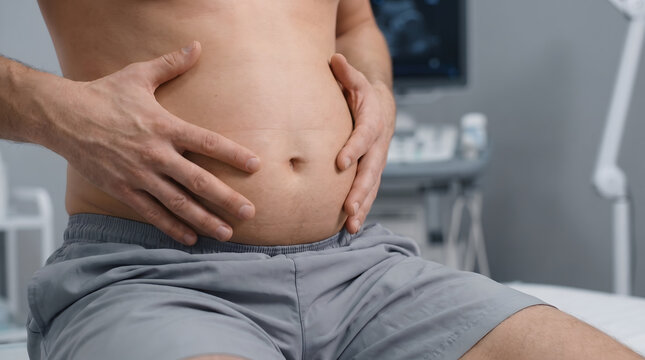 A middle-aged man holding his large bloated belly during a medical examination in a professional healthcare clinic. The image highlights digestive discomfort and health concerns related to obesity...