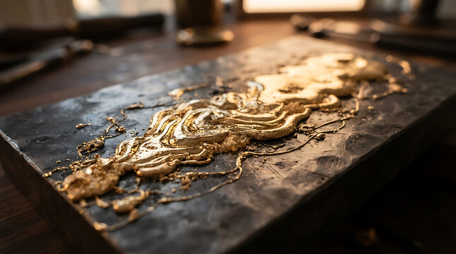 Molten liquid gold cooling and hardening on a dark metal anvil surface with precious metal