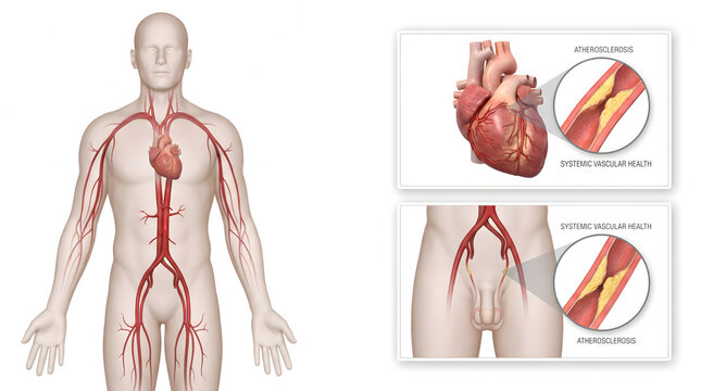 Medical 3D illustration demonstrating systemic atherosclerosis, highlighting plaque accumulation within the coronary arteries of the heart and the iliac arteries of the pelvis, illustrating the imp...