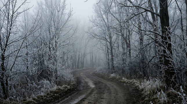 Winding rural road through a frozen forest covered in thick winter frost and fog with dirt path